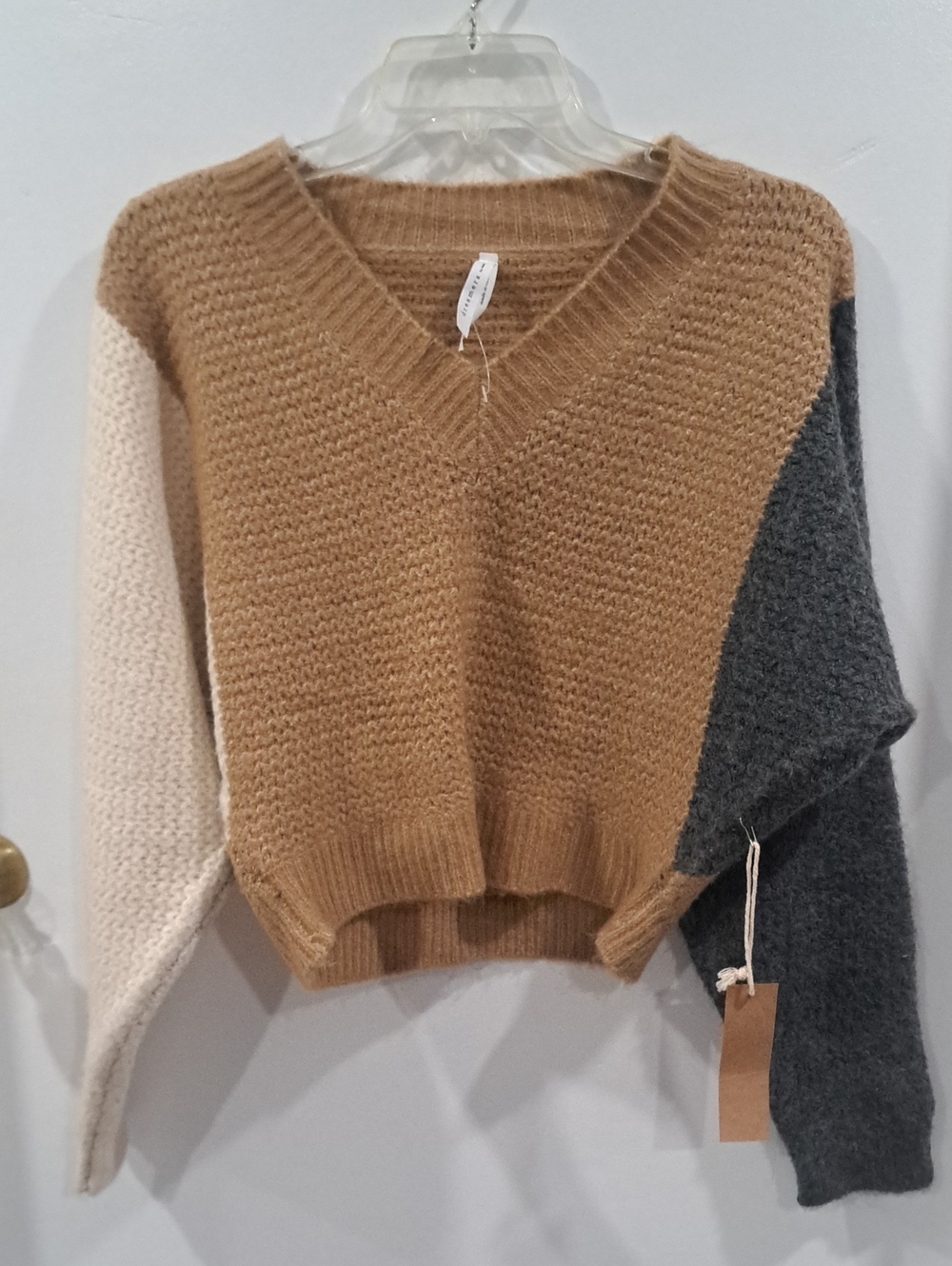 Dreamers Tri-Tone V-Neck Sweater in Camel, Cream & Charcoal